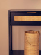 Black Wooden 2-Drawer Console Table with Natural Rattan Panels and Lower Shelf