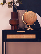 Black Wooden 2-Drawer Console Table with Natural Rattan Panels and Lower Shelf