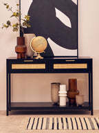 Black Wooden 2-Drawer Console Table with Natural Rattan Panels and Lower Shelf