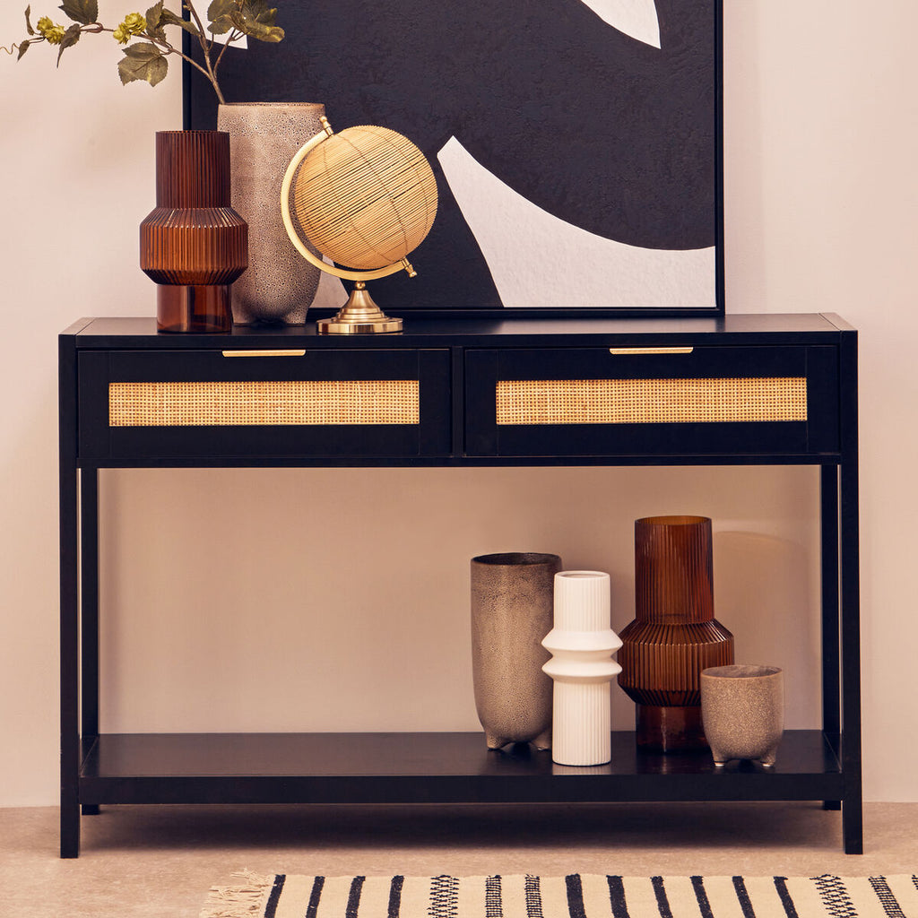 Black Wooden 2-Drawer Console Table with Natural Rattan Panels and Lower Shelf