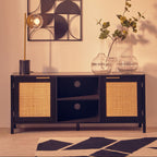 Black Finish and Natural Rattan Media Unit