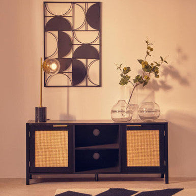 Black Finish and Natural Rattan Media Unit