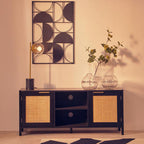 Black Finish and Natural Rattan Media Unit