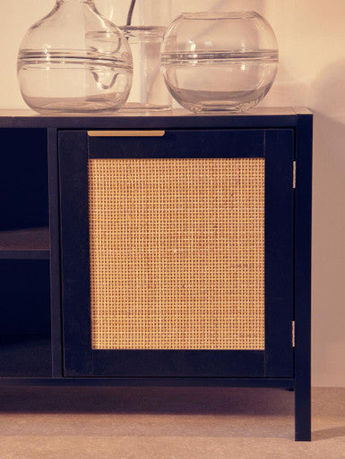 Black Finish and Natural Rattan Media Unit