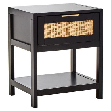 Black Wooden Bedside Table with Natural Rattan 1 Drawer