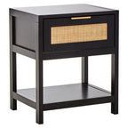 Black Wooden Bedside Table with Natural Rattan 1 Drawer