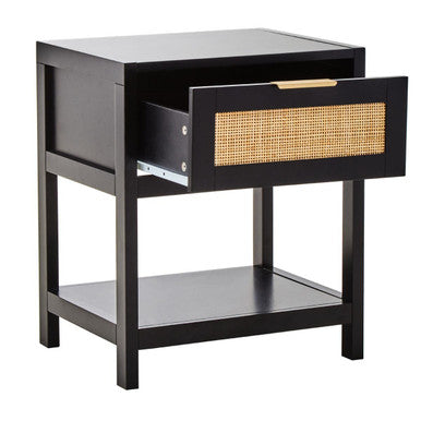 Black Wooden Bedside Table with Natural Rattan 1 Drawer