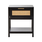 Black Wooden Bedside Table with Natural Rattan 1 Drawer