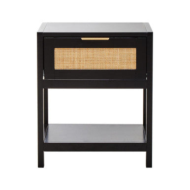 Black Wooden Bedside Table with Natural Rattan 1 Drawer