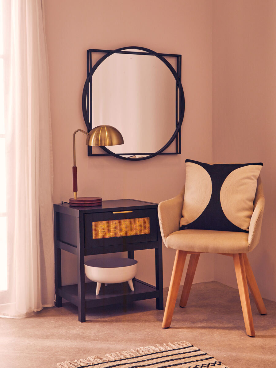 Black Wooden Bedside Table with Natural Rattan 1 Drawer