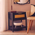 Black Wooden Bedside Table with Natural Rattan 1 Drawer