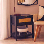 Black Wooden Bedside Table with Natural Rattan 1 Drawer