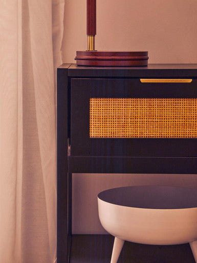 Black Wooden Bedside Table with Natural Rattan 1 Drawer
