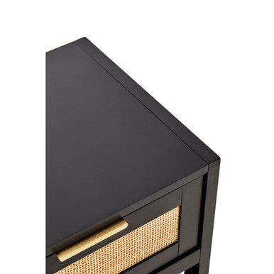 Black Wooden Bedside Table with Natural Rattan 1 Drawer