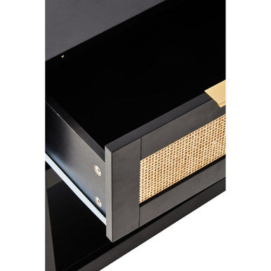 Black Wooden Bedside Table with Natural Rattan 1 Drawer