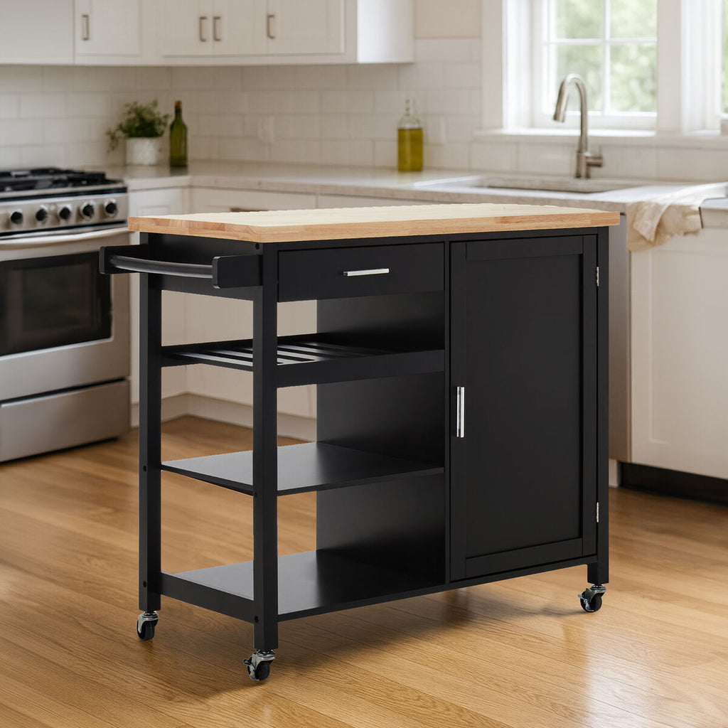 Black Kitchen Trolley with Drawer and Cabinet