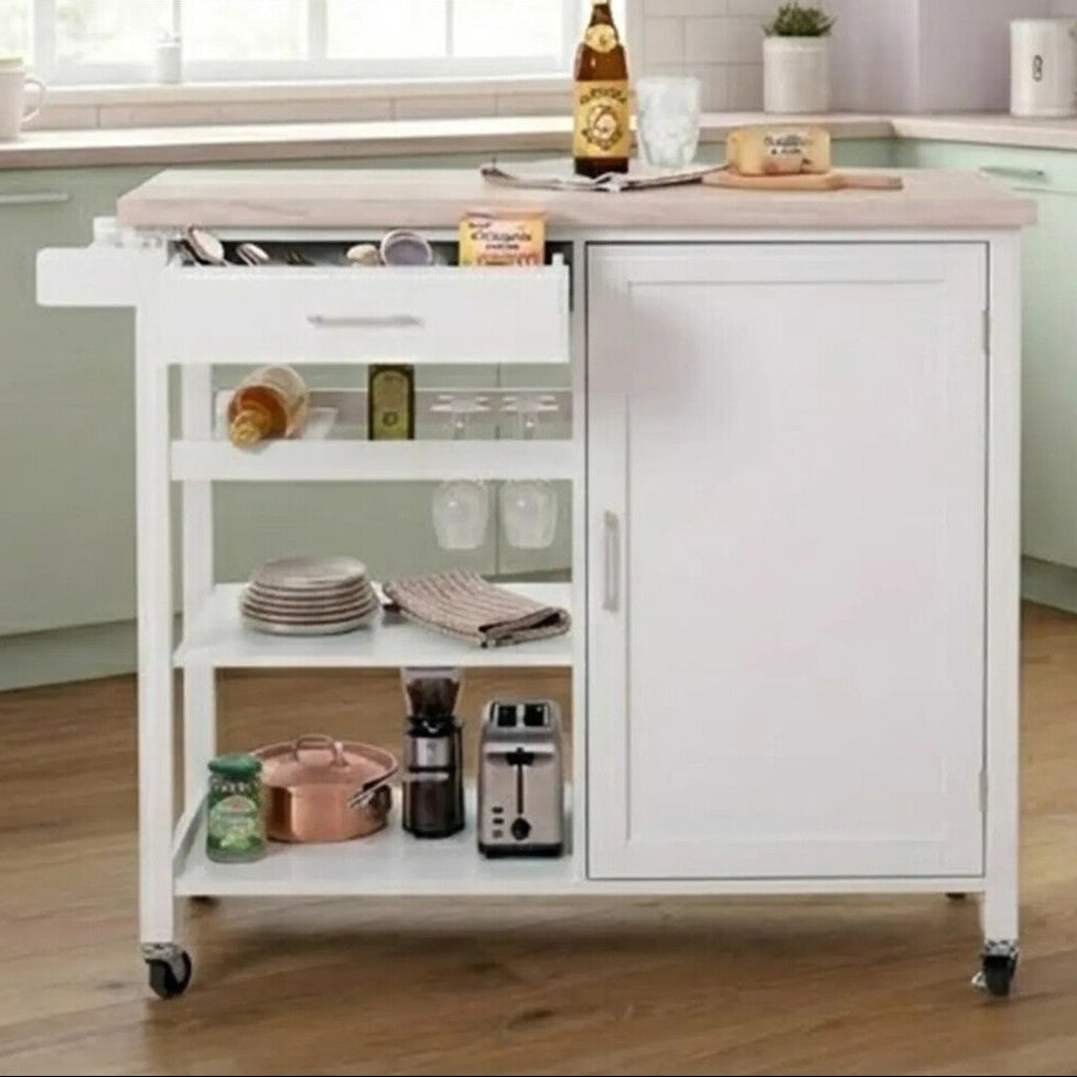 White Kitchen Trolley with Drawer and Cabinet