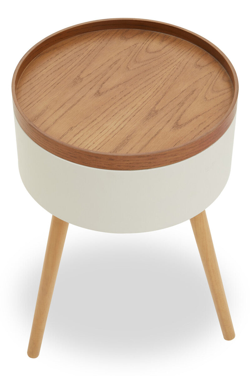 White and Natural Pine Wood and Veneer Storage Side Table