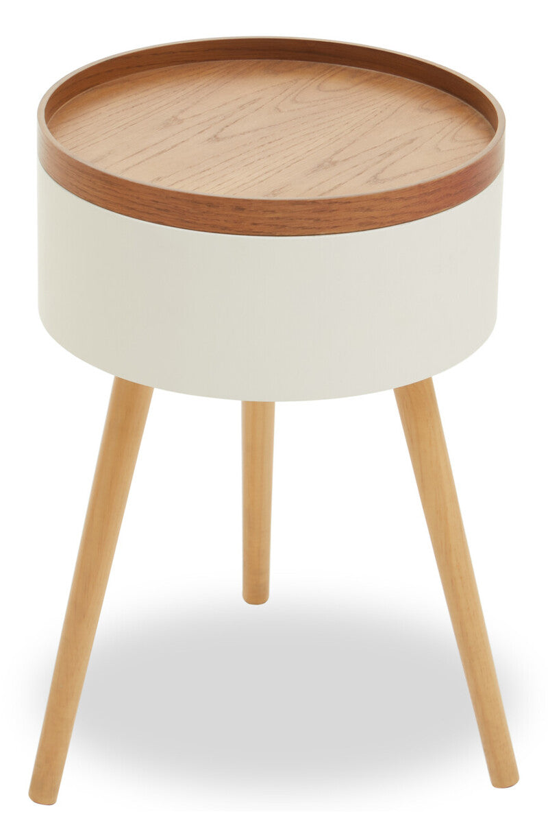 White and Natural Pine Wood and Veneer Storage Side Table
