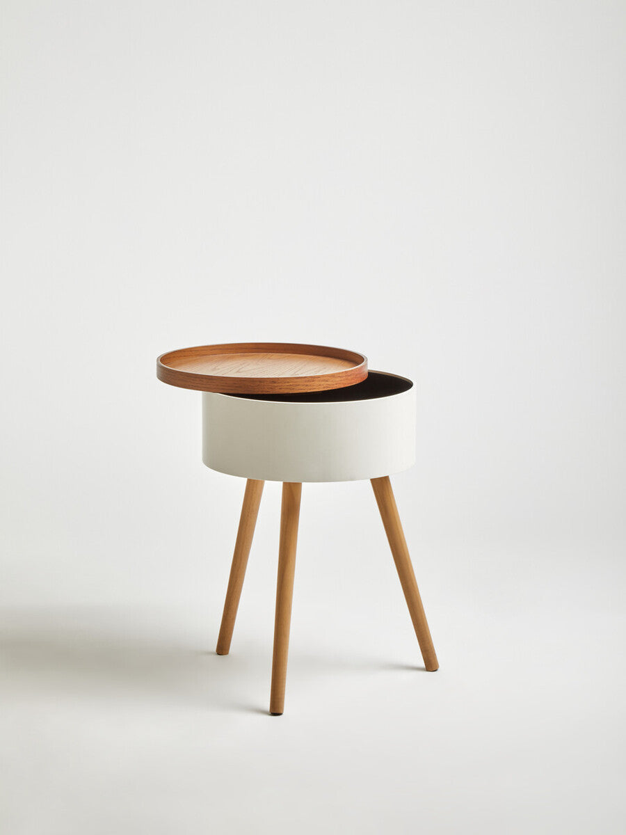 White and Natural Pine Wood and Veneer Storage Side Table