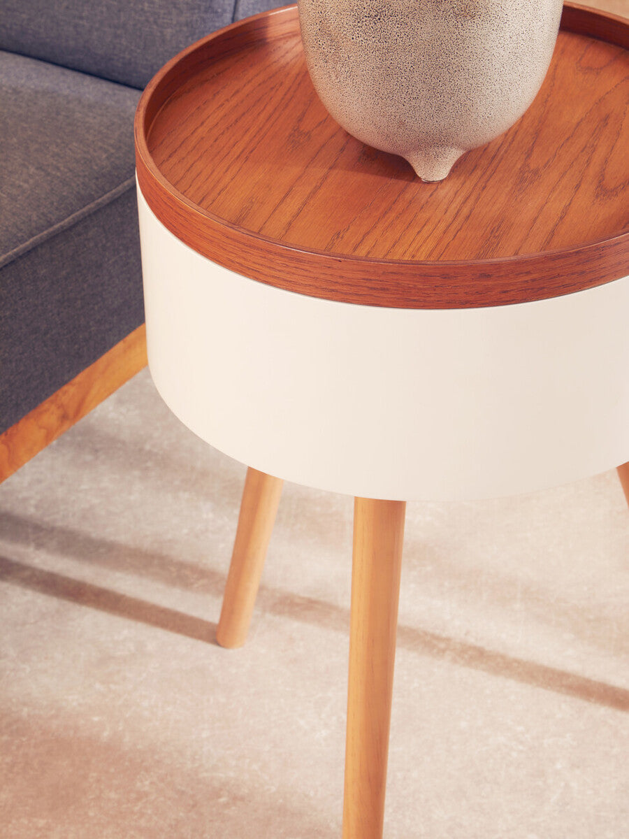 White and Natural Pine Wood and Veneer Storage Side Table