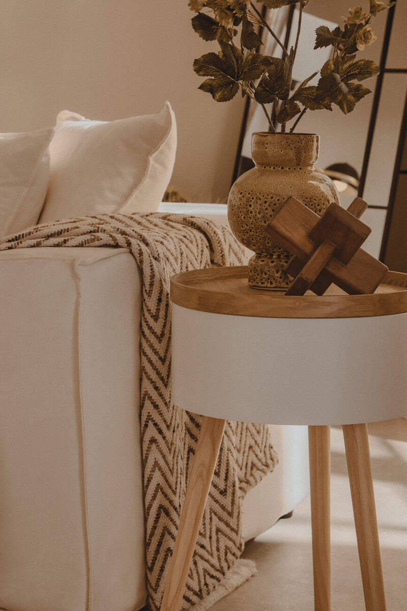 White and Natural Pine Wood and Veneer Storage Side Table