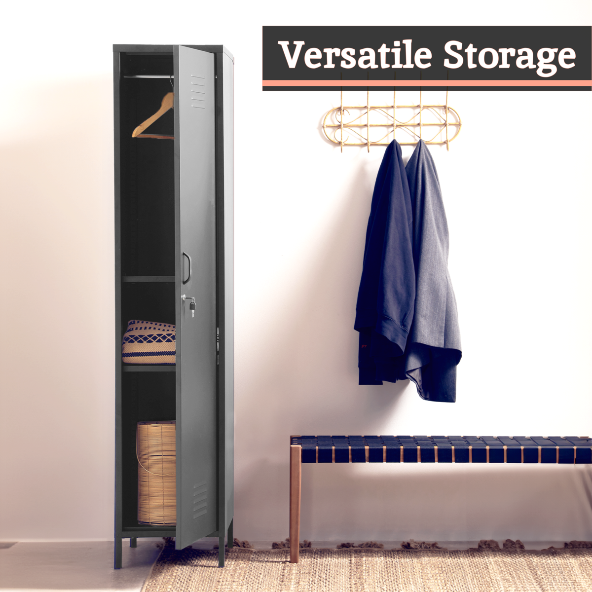 Grey Metal One Door Locker Style Tall Cabinet