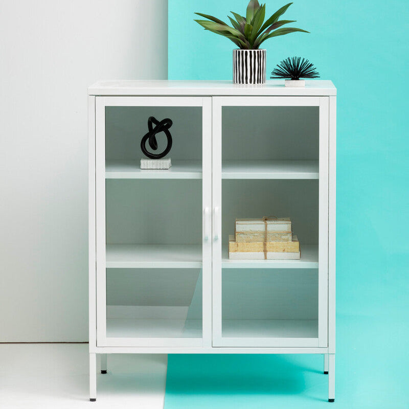 White Metal 2 Door Cabinet with Glass Doors
