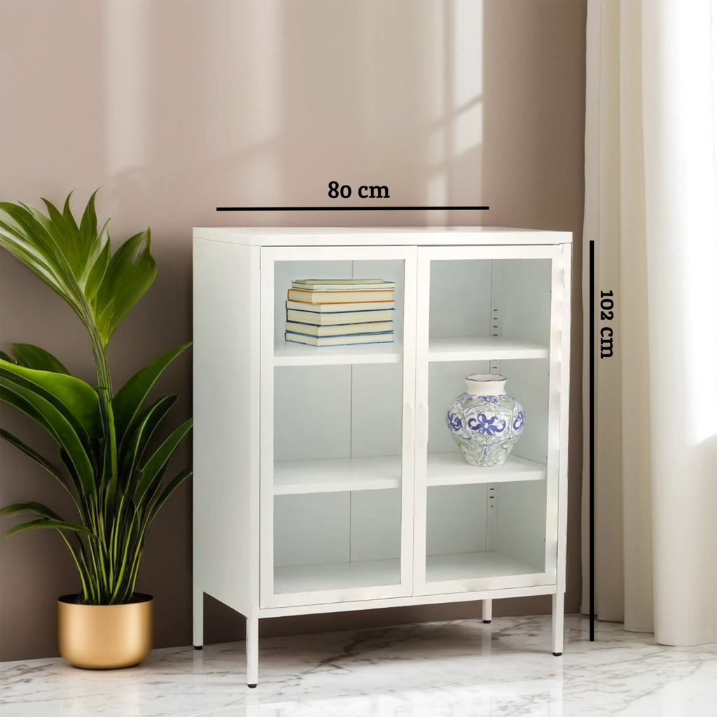 White Metal 2 Door Cabinet with Glass Doors
