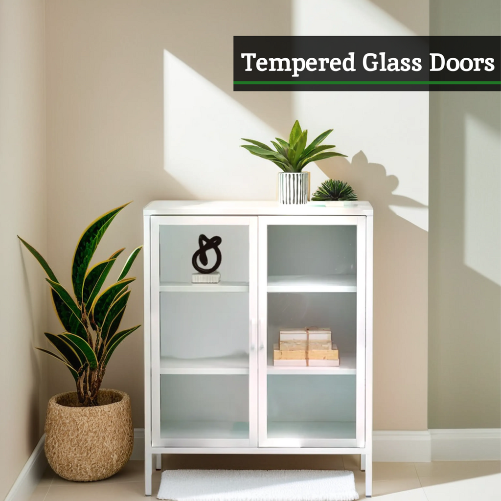 White Metal 2 Door Cabinet with Glass Doors