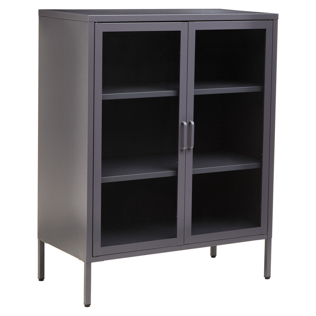 Grey Metal 2 Door Cabinet with Glass Doors