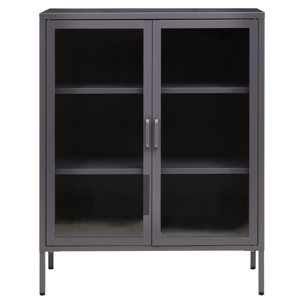 Grey Metal 2 Door Cabinet with Glass Doors