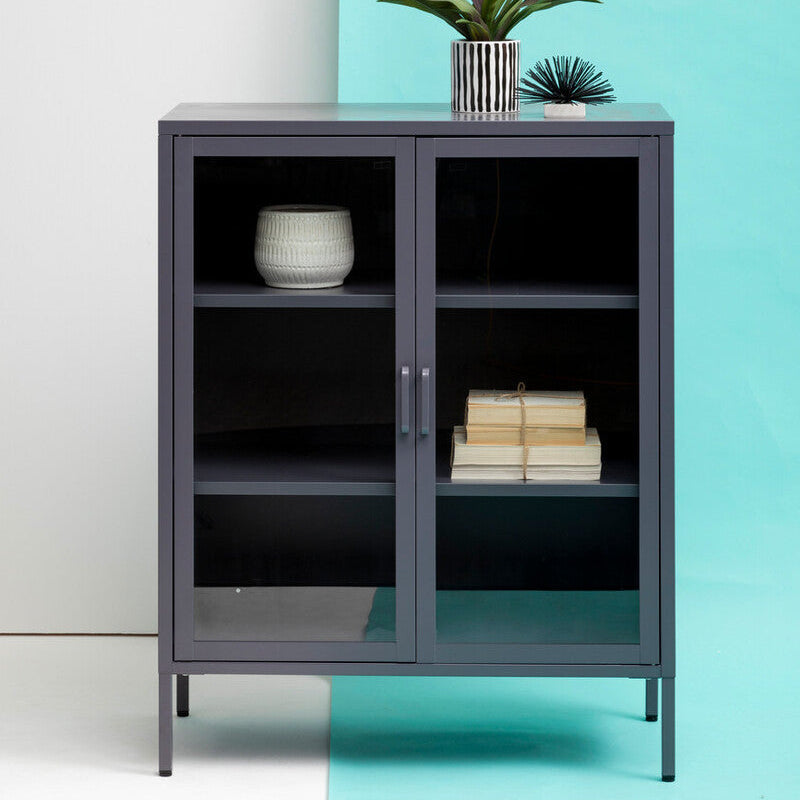 Grey Metal 2 Door Cabinet with Glass Doors
