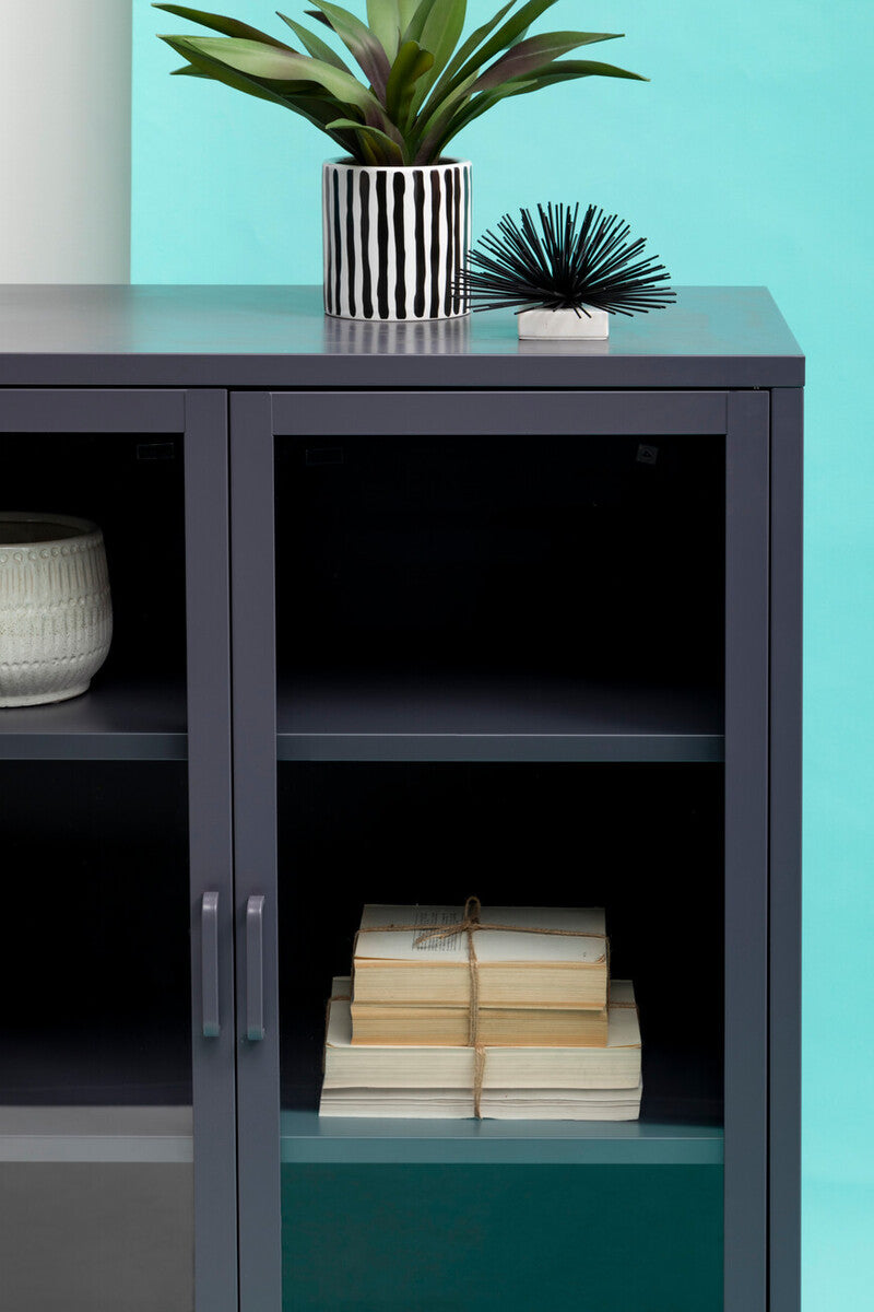 Grey Metal 2 Door Cabinet with Glass Doors