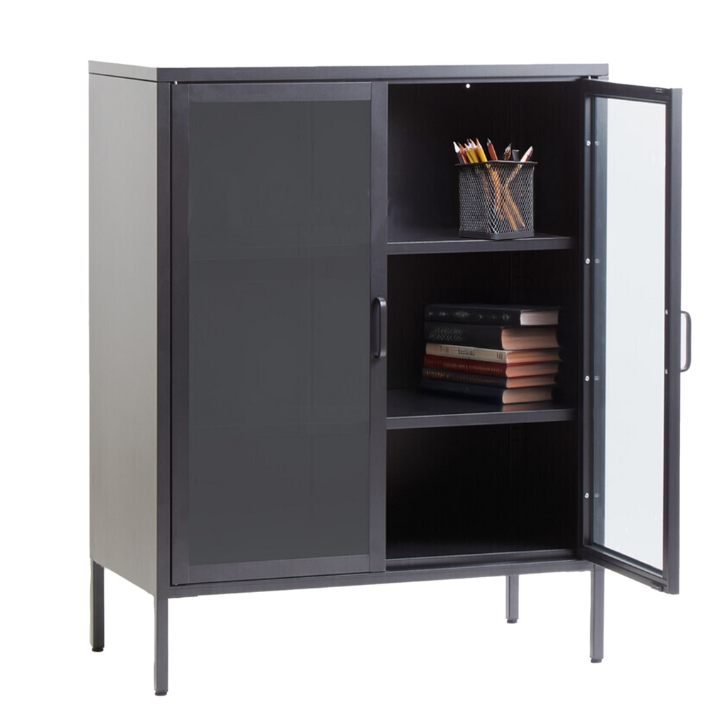 Grey Metal 2 Door Cabinet with Glass Doors