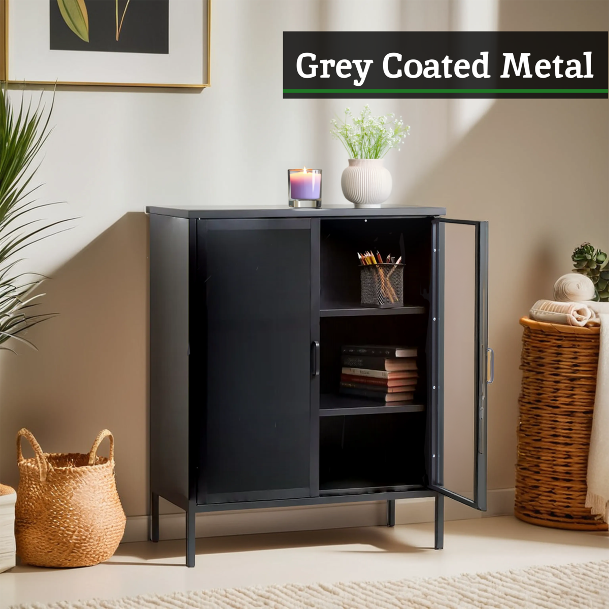 Grey Metal 2 Door Cabinet with Glass Doors