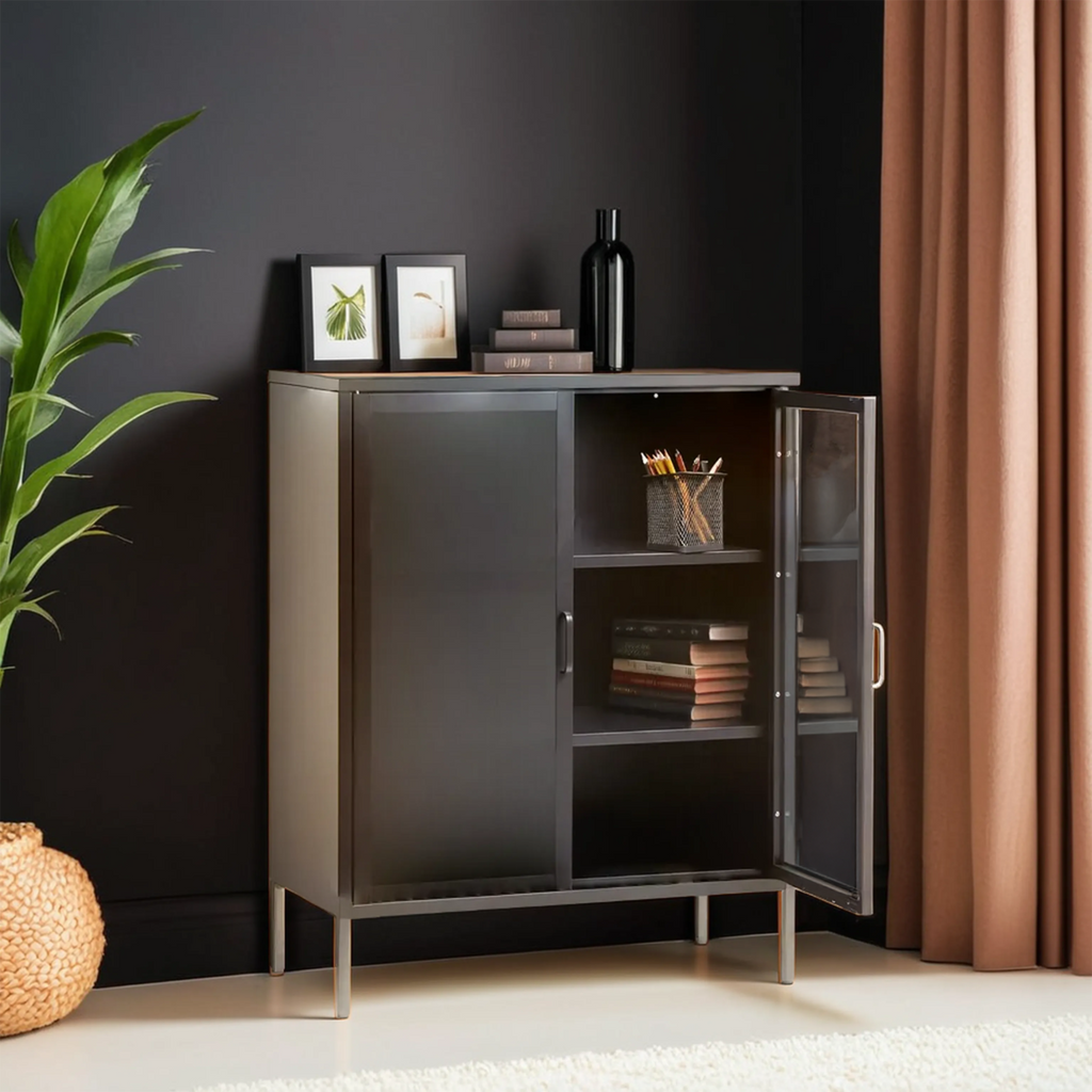 Grey Metal 2 Door Cabinet with Glass Doors