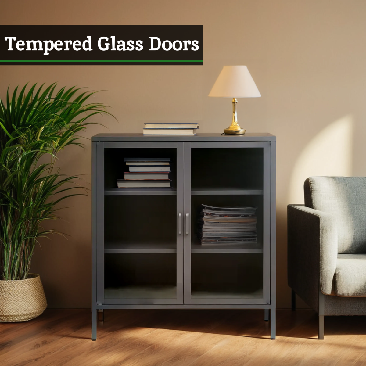 Grey Metal 2 Door Cabinet with Glass Doors