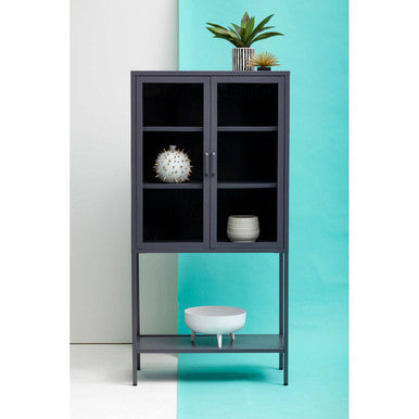 Grey Metal and Glass Two Door Tall Cabinet