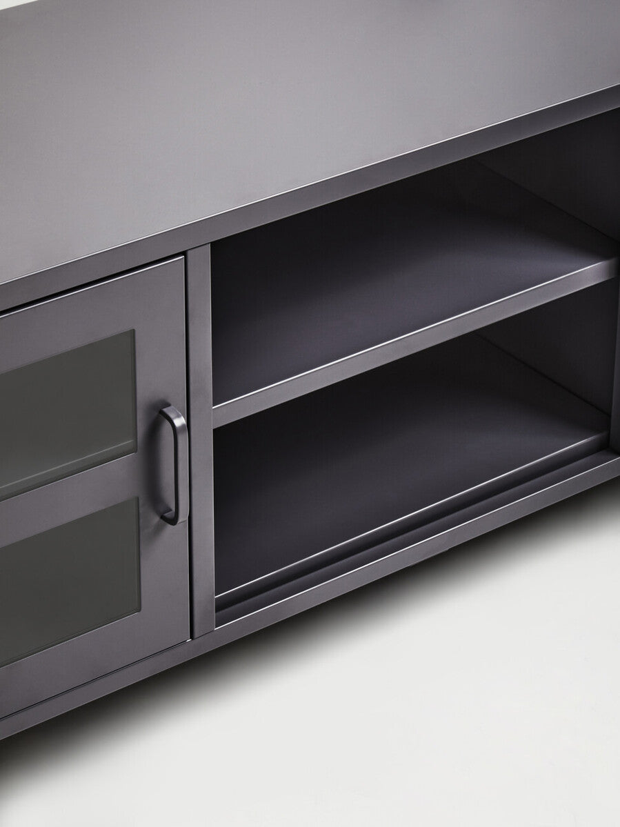 Grey Metal 2 Door Media Unit with Glass Doors