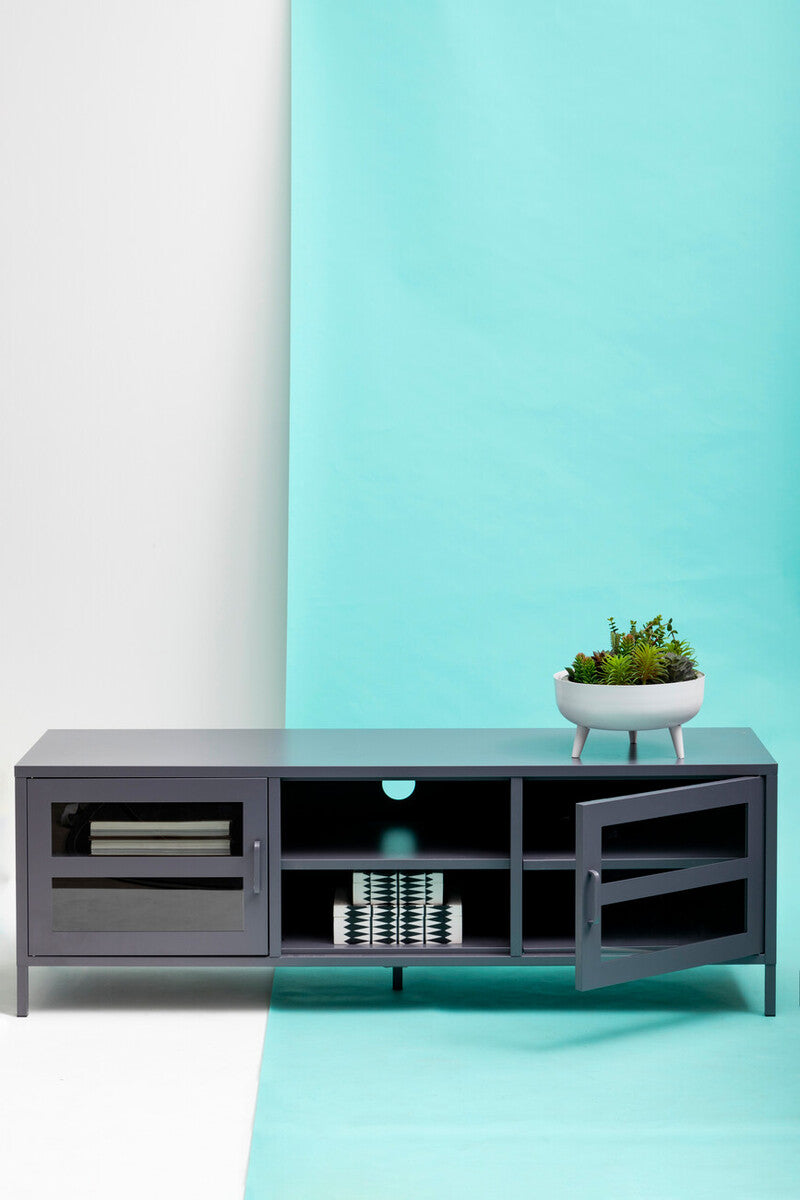 Grey Metal 2 Door Media Unit with Glass Doors