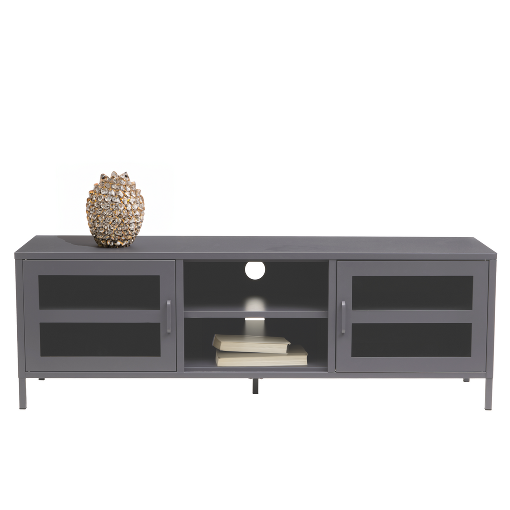 Grey Metal 2 Door Media Unit with Glass Doors