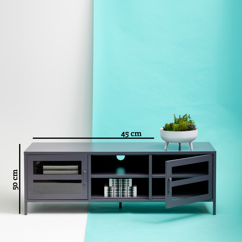 Grey Metal 2 Door Media Unit with Glass Doors