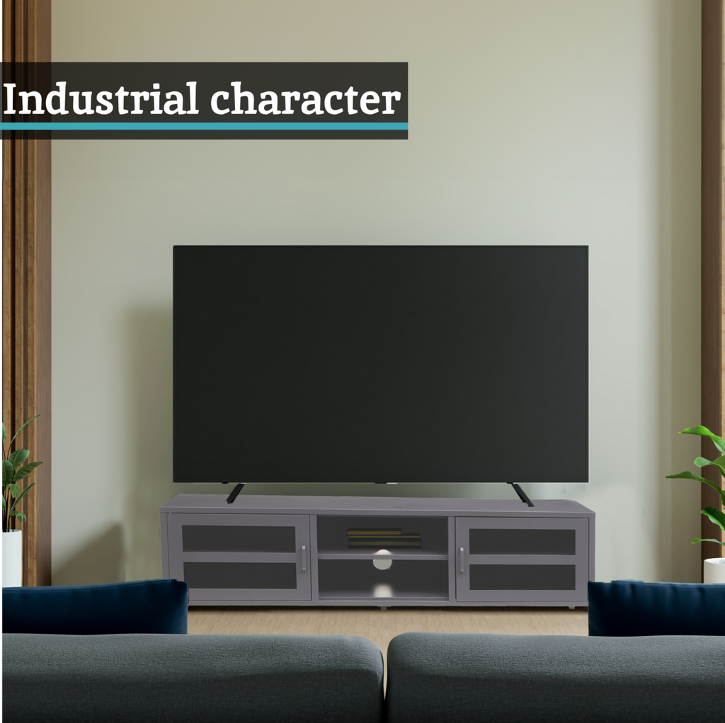Grey Metal 2 Door Media Unit with Glass Doors