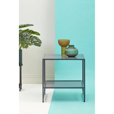 Grey Metal Square Side Table with Mesh Shelf
