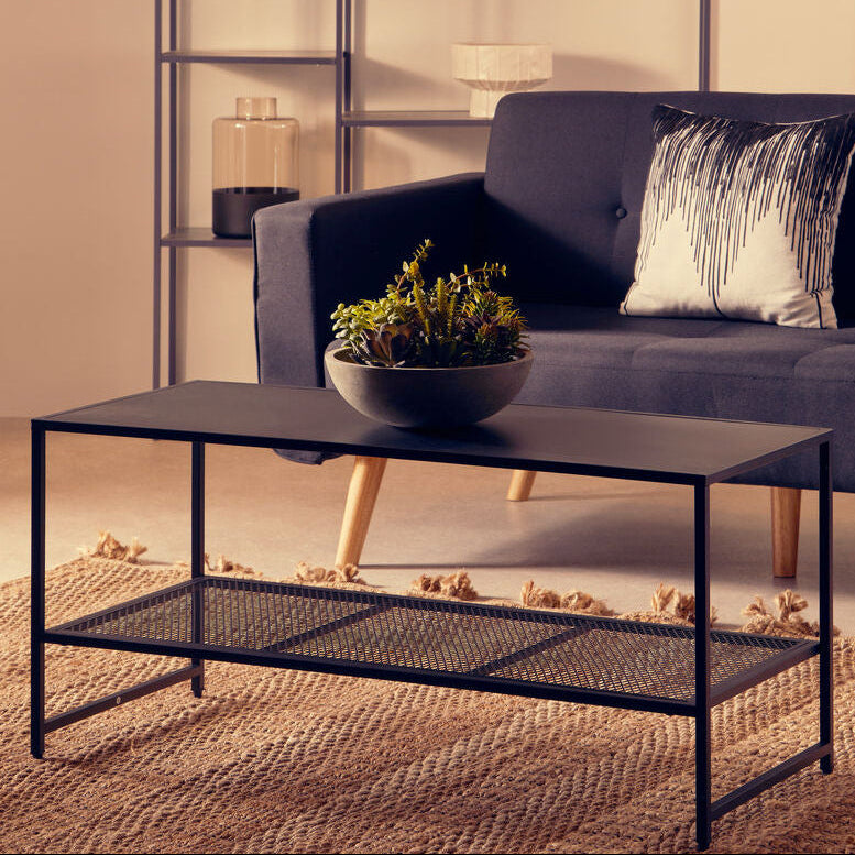 Black Metal Coffee Table with Mesh Shelf