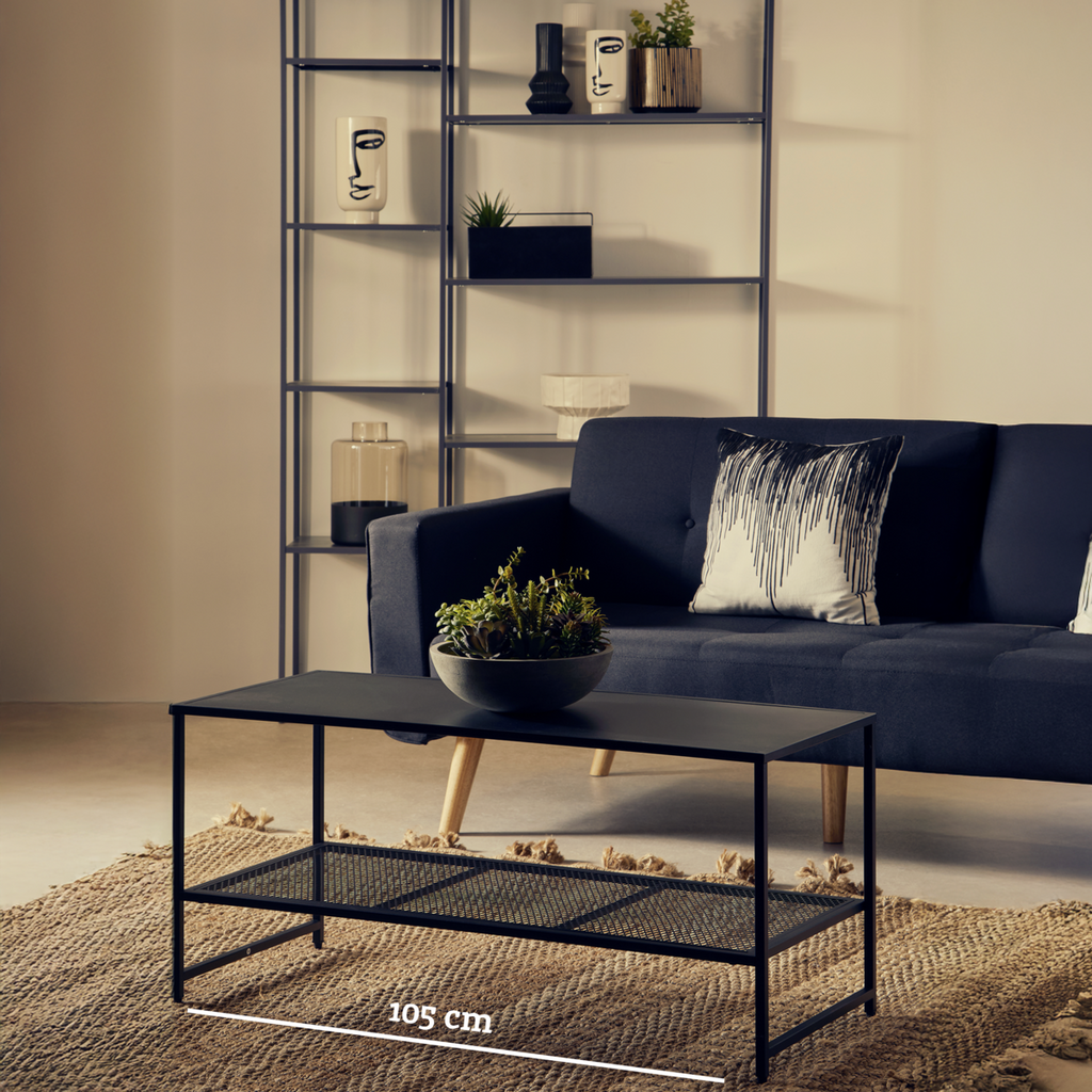 Black Metal Coffee Table with Mesh Shelf