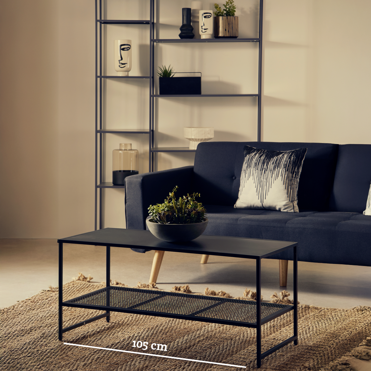 Black Metal Coffee Table with Mesh Shelf