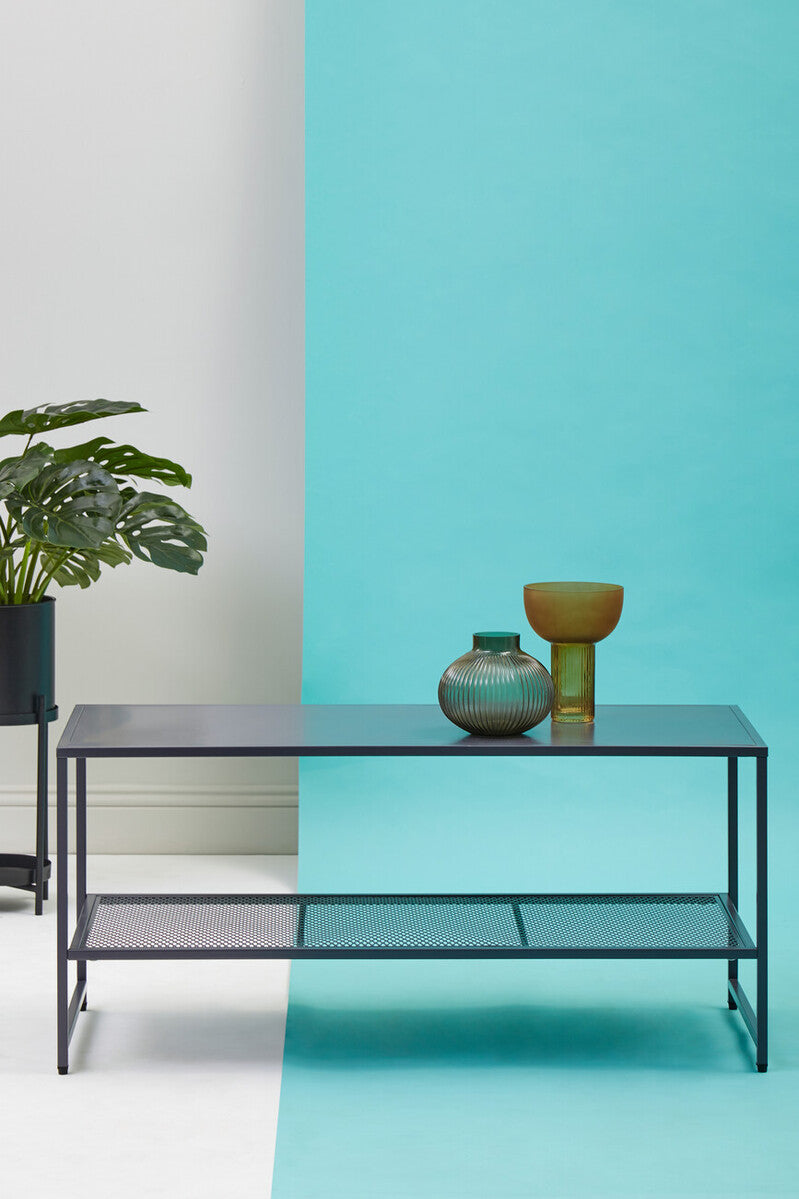 Grey Metal Coffee Table with Mesh Shelf