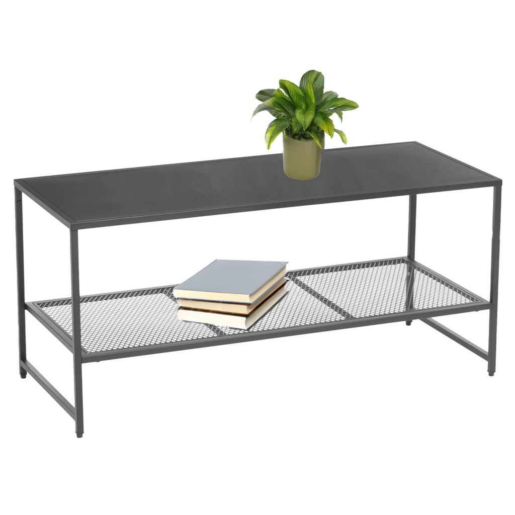Grey Metal Coffee Table with Mesh Shelf